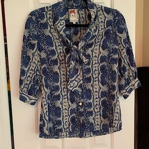 Yoana Baraschu Blue Snake Print Tie Blouse/ Top
